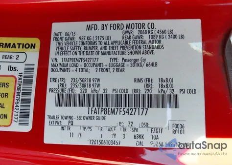 2015 Ford Mustang V6 z USA, uszkodzony, nr VIN 1FATP8EM7F5427177